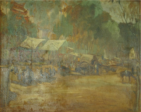 《莫高窟庙会》布面油画,浙江省博物馆藏。河北省博物院供图