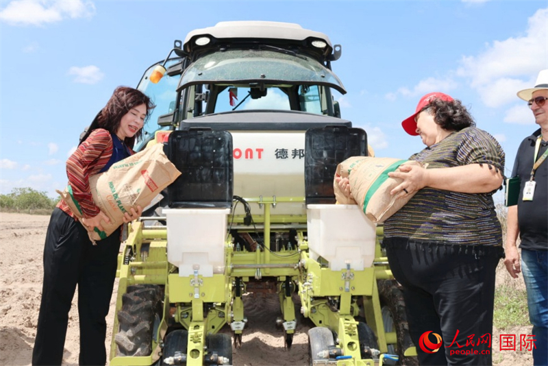 在巴西塞阿拉州米林的MST农场，中国—巴西家庭农业机械化科技小院首席专家、中国农业大学工学院教授杨敏丽（左）正在演示中国播种机。人民网 尼尔多·瓦斯康塞洛斯摄